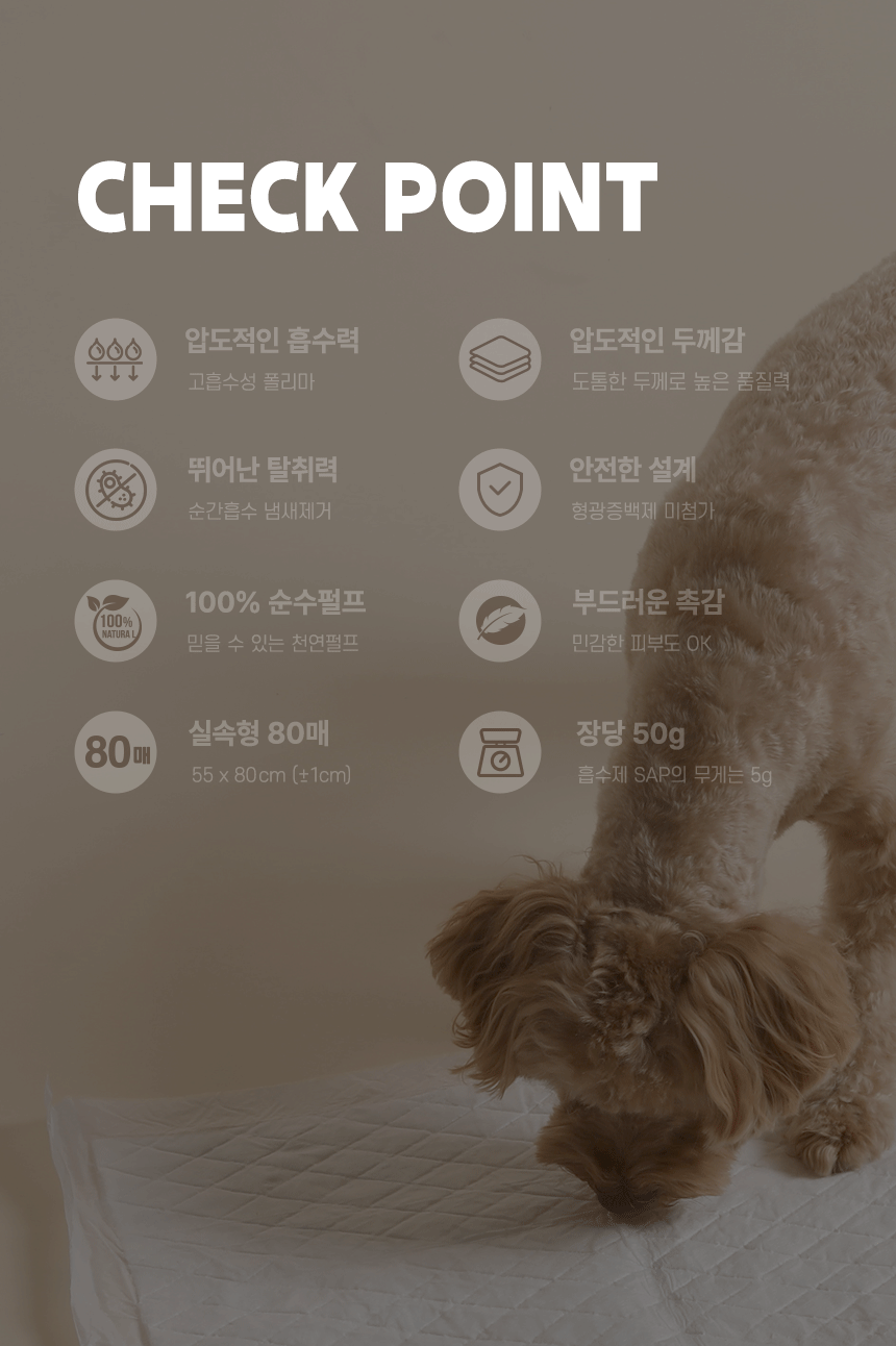배변패드 위 강아지 사진에 제품 특징 아이콘 목록이 겹쳐진 이미지