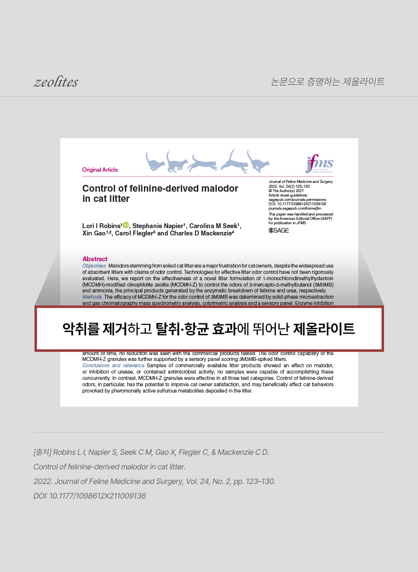 제올라이트 탈취 효과를 다룬 논문 첫 페이지와 출처 표기