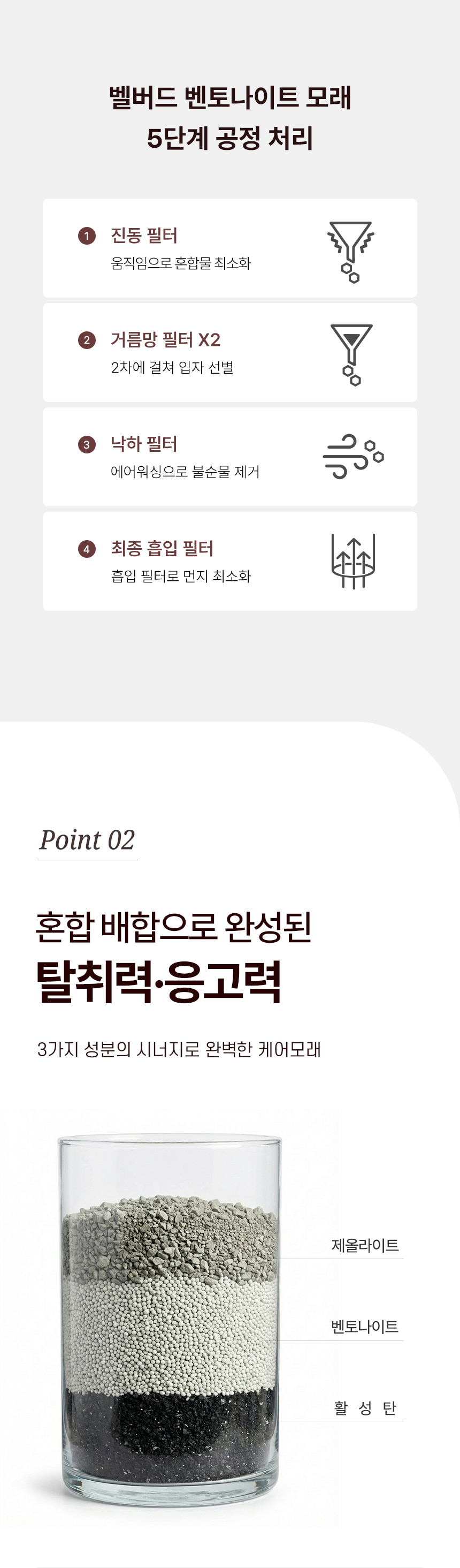 모래 5단계 공정 안내와 3가지 성분이 층으로 담긴 유리컵 사진
