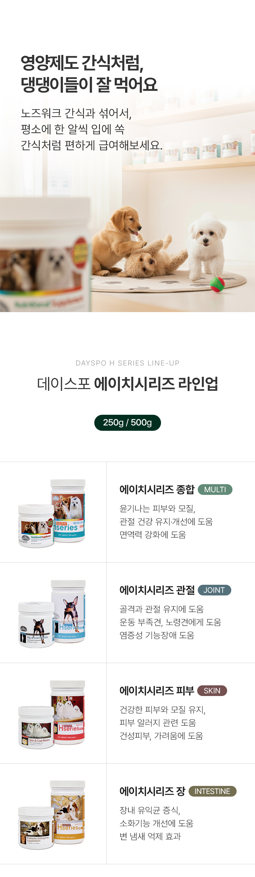 강아지들 사진과 에이치시리즈 제품 라인업 설명