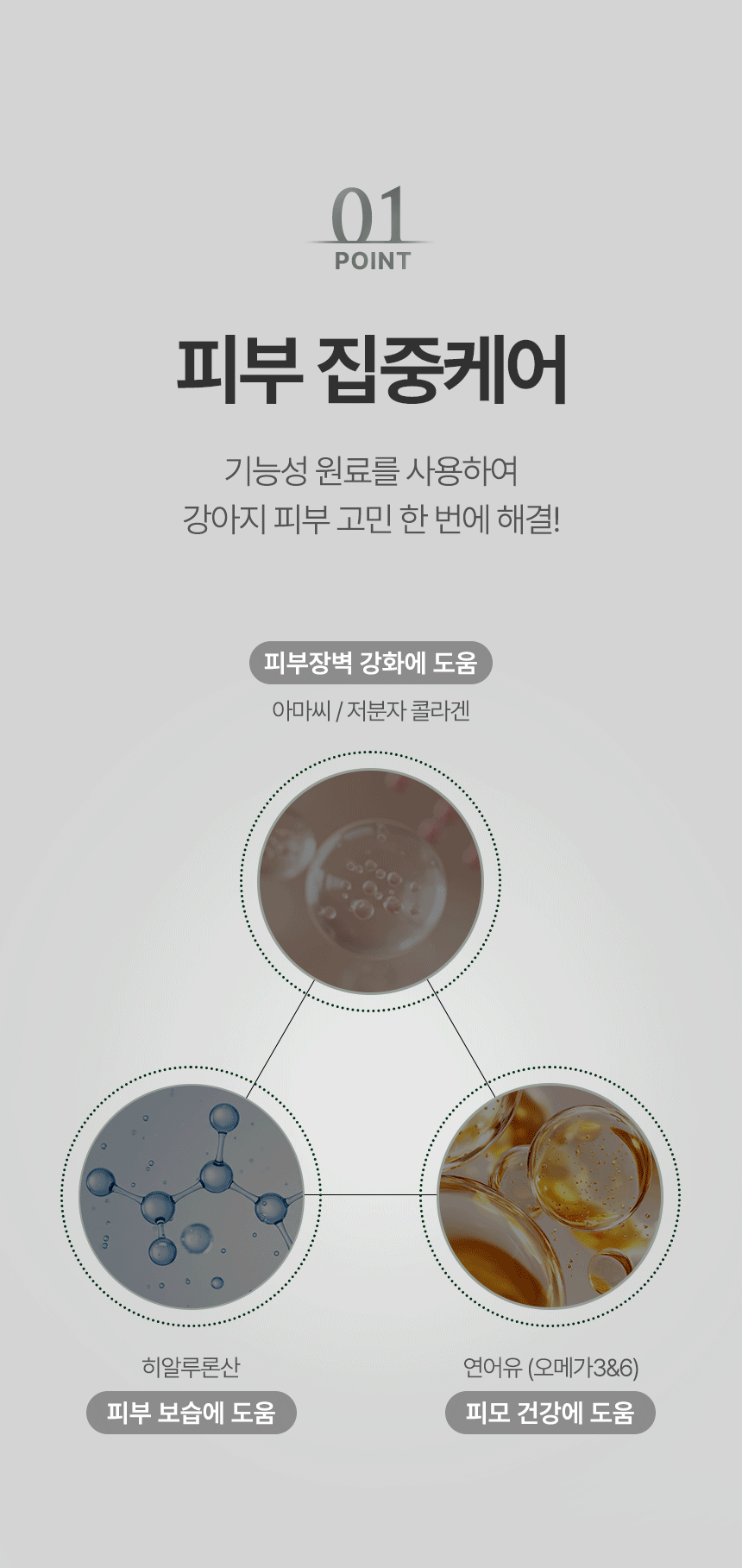 피부 집중케어 원료 3가지를 원형 이미지로 소개하는 설명 페이지