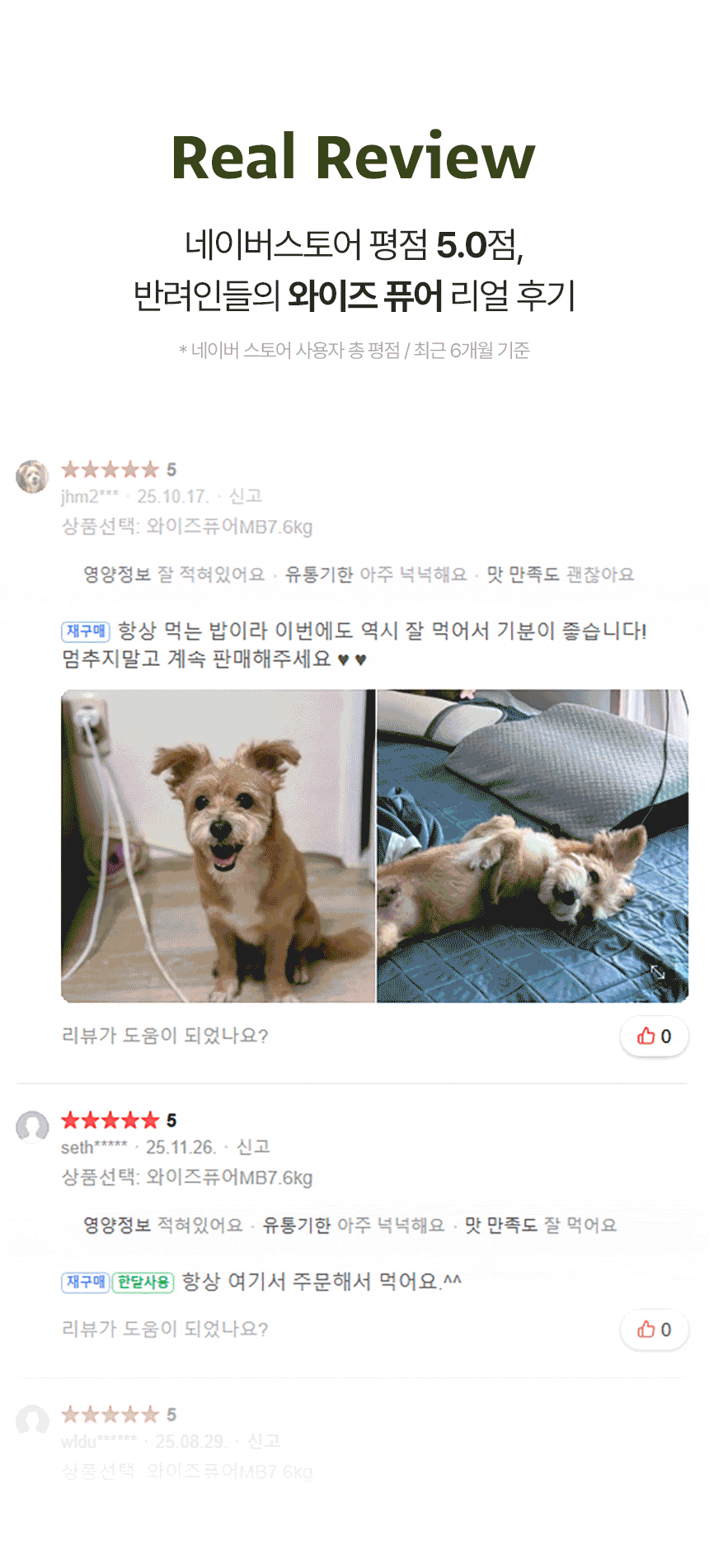 네이버 스토어 구매 후기 캡처와 강아지 사진