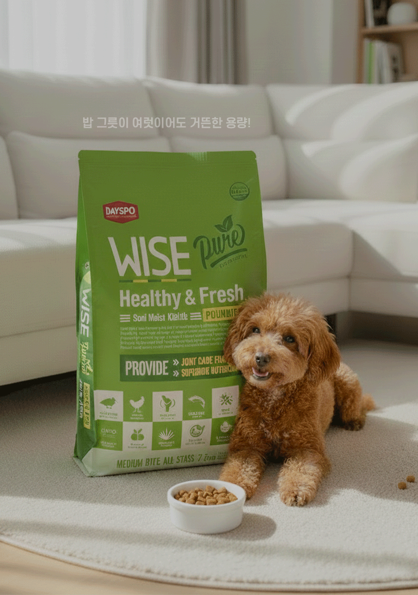 거실에서 사료 포장과 밥그릇 옆에 강아지가 엎드려 있는 사진